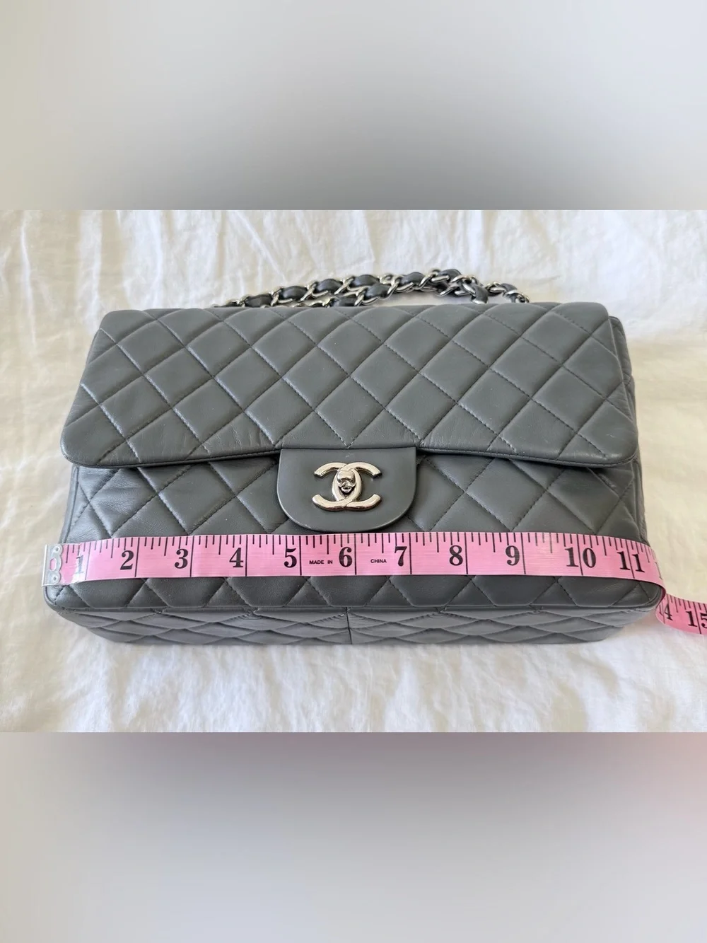 Chanel | Gray Jumbo Classic Single Flap Lambskin Shoulder Bag | Silver Tone HW